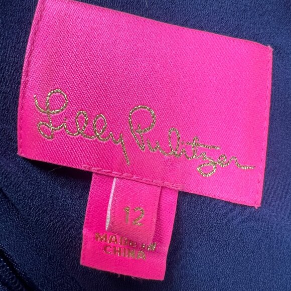 Lilly Pulitzer Brandi Shift Dress Size 12 Navy Blue Beaded Collar Cutout Event - Picture 4 of 12